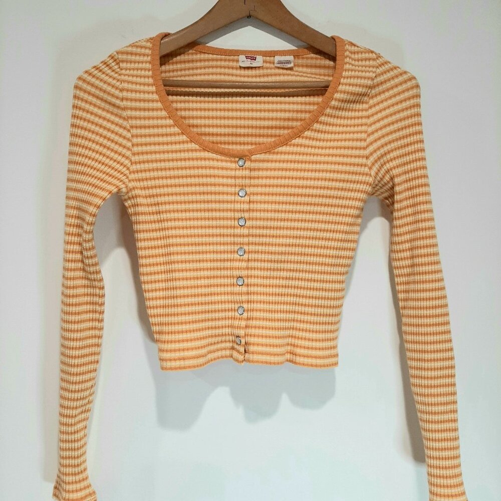 Levis Y2k preppy ribbed striped long sleeve academia tee cropped button up top